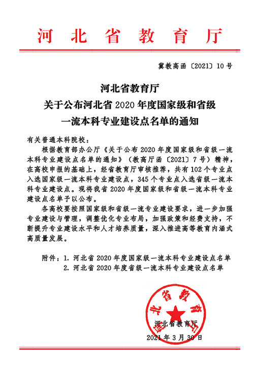 喜讯：我院计算机科学与技术专业 入选河北省2020年度一流本科专业建设点